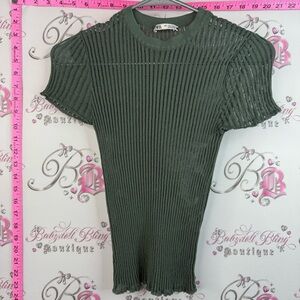 Zara T-shirt mock neck striped Green Ribbed Short-Sleeve Knit Top